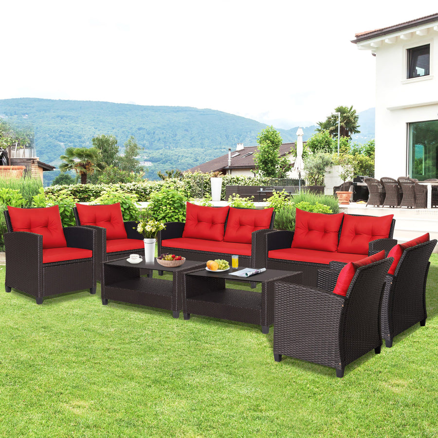 8PCS Outdoor Conversation Set Patio PE Rattan Set w/ Glass Table and Sofa Cushions Image 1