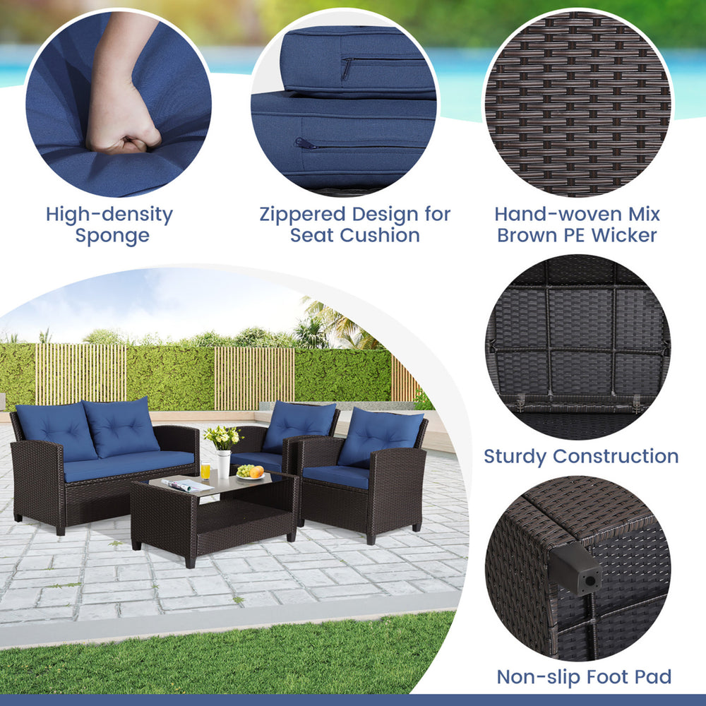 8PCS Outdoor Conversation Set Patio PE Rattan Set w/ Glass Table and Sofa Cushions Image 2