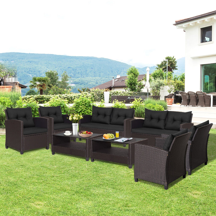 8PCS Outdoor Conversation Set Patio PE Rattan Set w/ Glass Table and Sofa Cushions Image 4