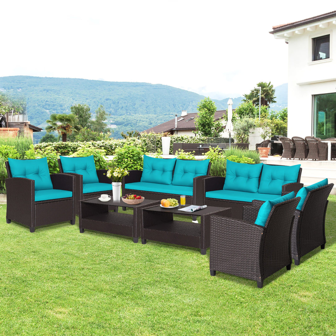 8PCS Outdoor Conversation Set Patio PE Rattan Set w/ Glass Table and Sofa Cushions Image 5