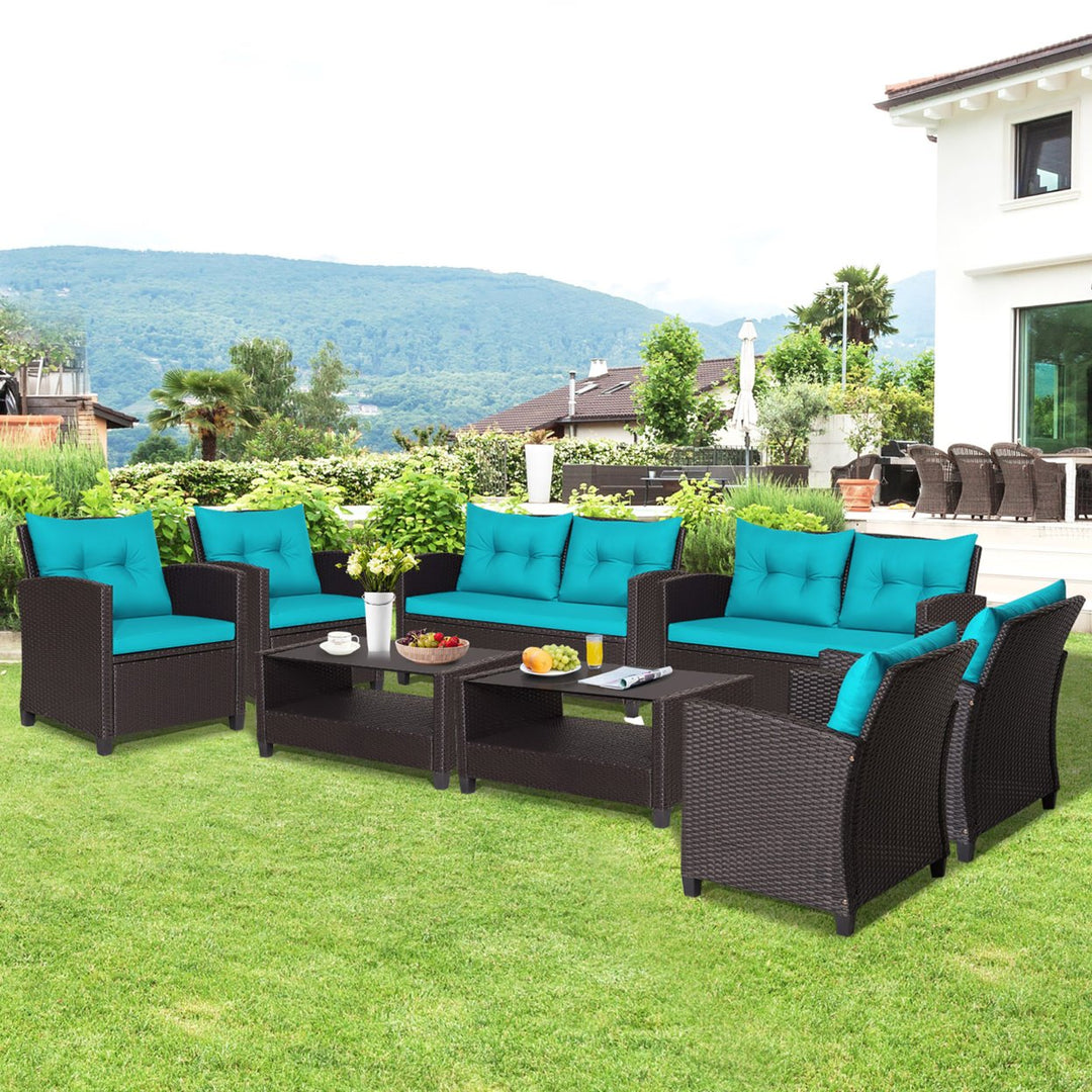 8PCS Outdoor Conversation Set Patio PE Rattan Set w/ Glass Table and Sofa Cushions Image 1