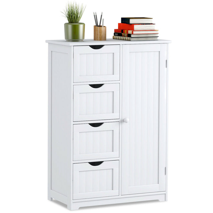 Storage Floor Cabinet Organizer Cupboard w/ 4 Drawers Adjustable Shelf White Image 1