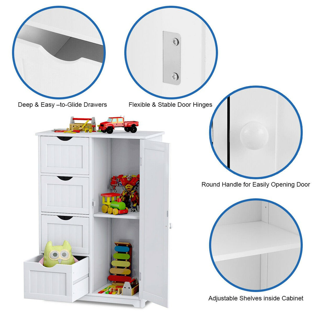 Storage Floor Cabinet Organizer Cupboard w/ 4 Drawers Adjustable Shelf White Image 9