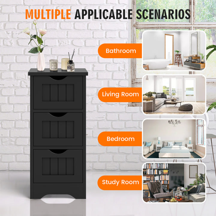 3-Drawer Bathroom Floor Cabinet Free Standing Side Storage Organizer Nightstand Black Image 8