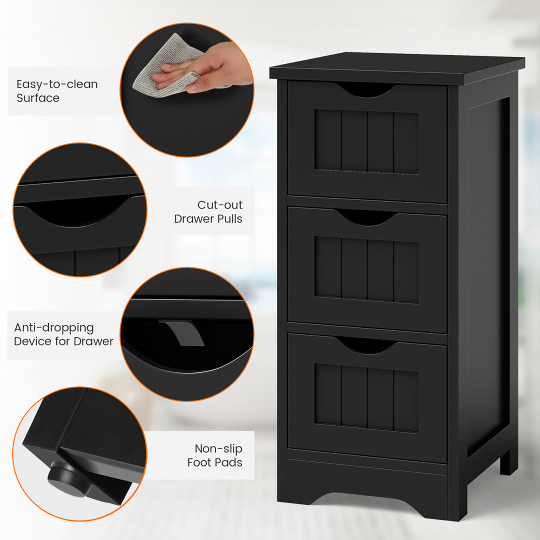 3-Drawer Bathroom Floor Cabinet Free Standing Side Storage Organizer Nightstand Black Image 9