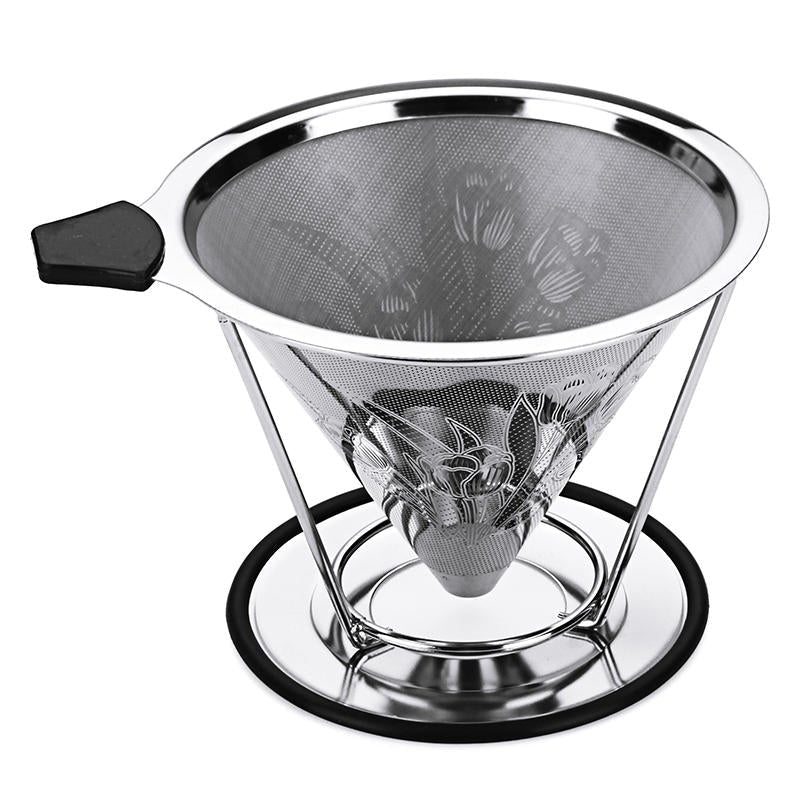 Stainless Steel Pour Over Coffee Dripper Flower Pattern Paperless Reusable Double Mesh Cone Filter Image 1