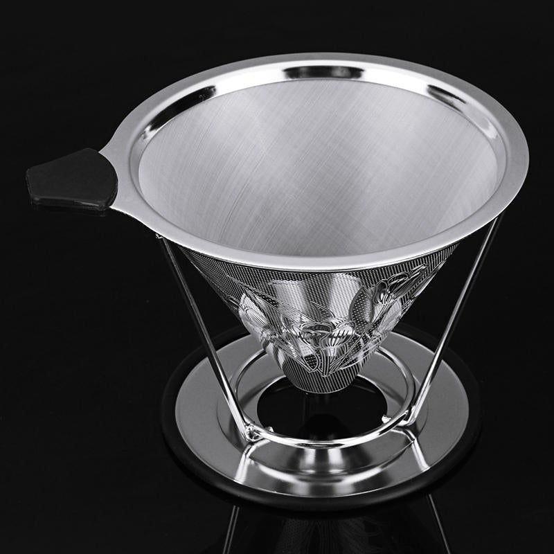 Stainless Steel Pour Over Coffee Dripper Flower Pattern Paperless Reusable Double Mesh Cone Filter Image 8