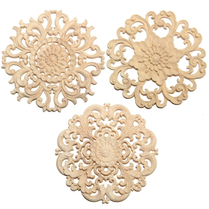 Wood Carved Onlay Applique Unpainted Flower Pattern Furniture Frame Door Decor 15cm Image 1