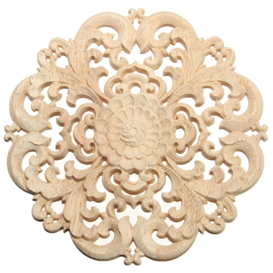 Wood Carved Onlay Applique Unpainted Flower Pattern Furniture Frame Door Decor 15cm Image 1