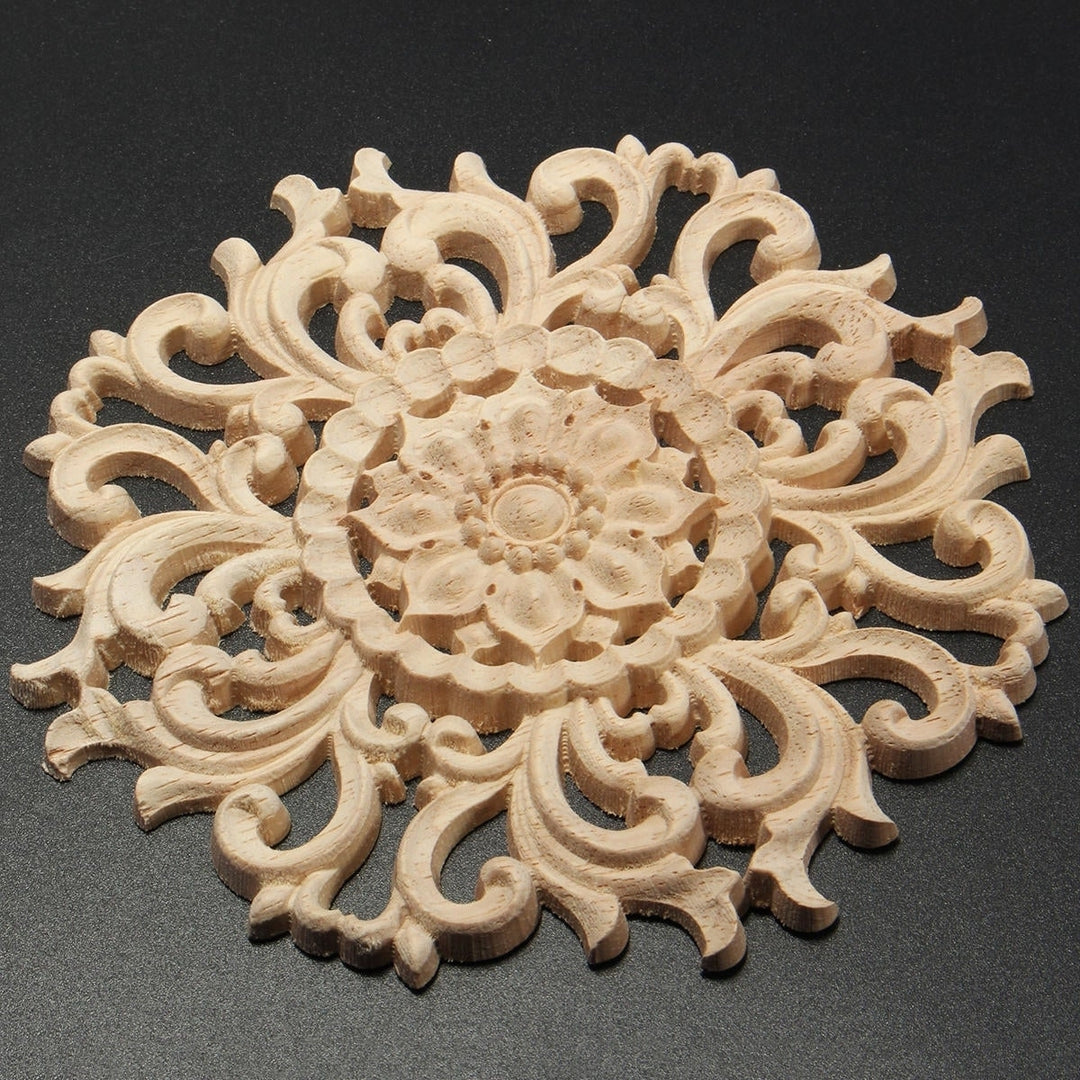 Wood Carved Onlay Applique Unpainted Flower Pattern Furniture Frame Door Decor 15cm Image 5