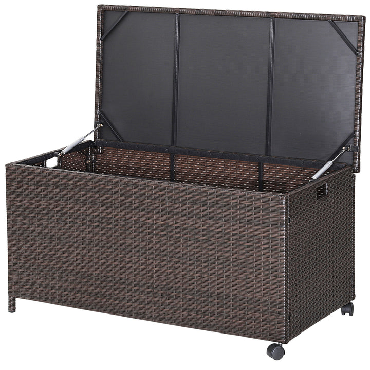 50 Gallon Patio PE Wicker Storage Box Rattan Deck Bin w/ Waterproof Liner and Wheels Image 9