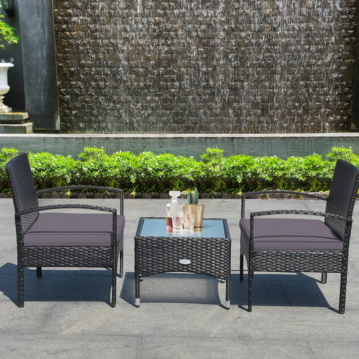 3 PCS Patio Wicker Rattan Furniture Set Coffee Table and 2 Rattan Chair w/ Cushion Grey Image 3