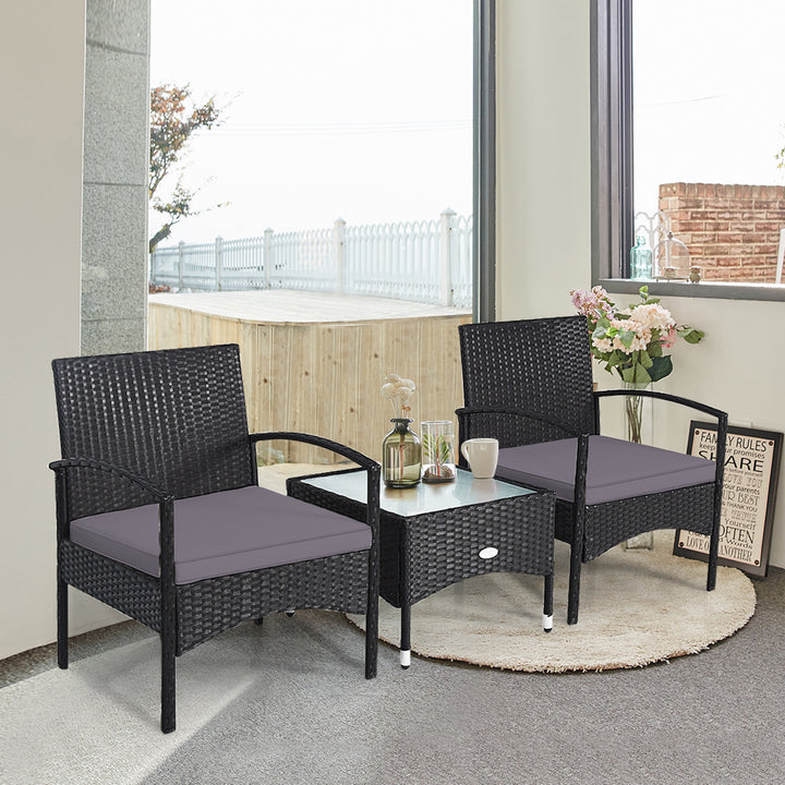 3 PCS Patio Wicker Rattan Furniture Set Coffee Table and 2 Rattan Chair w/ Cushion Grey Image 5