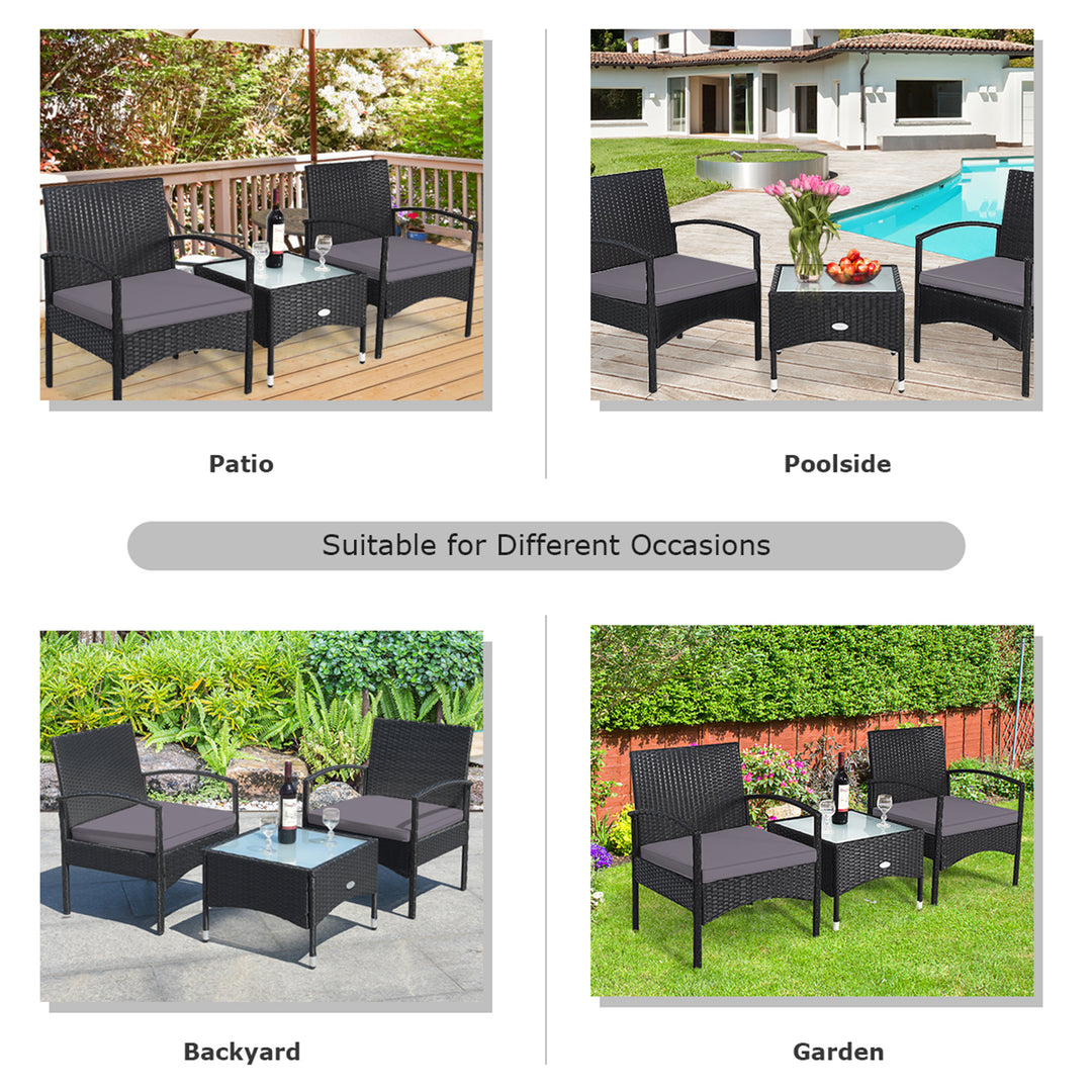 3 PCS Patio Wicker Rattan Furniture Set Coffee Table and 2 Rattan Chair w/ Cushion Grey Image 6