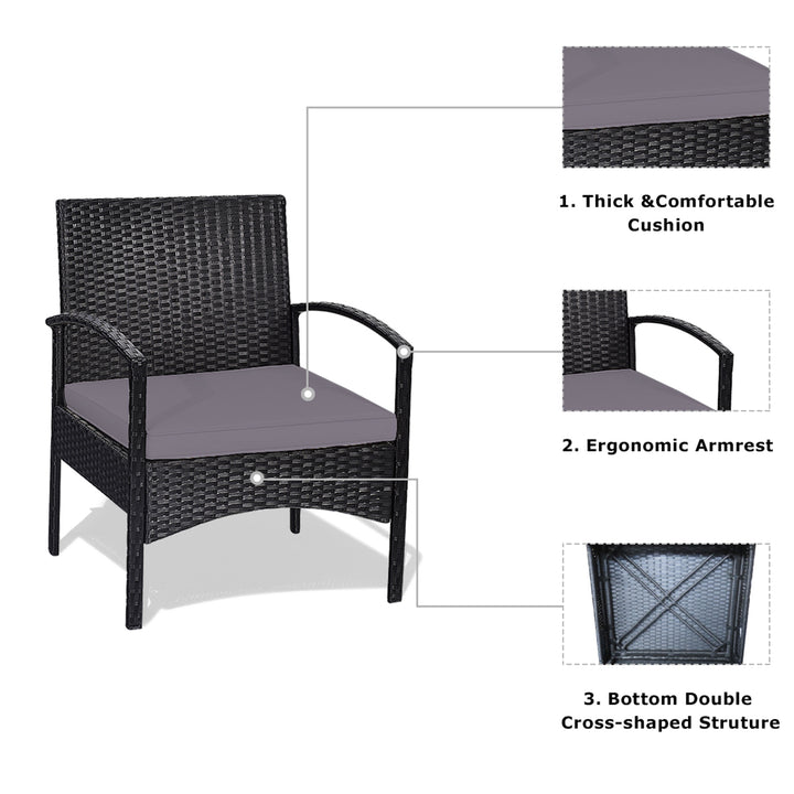 3 PCS Patio Wicker Rattan Furniture Set Coffee Table and 2 Rattan Chair w/ Cushion Grey Image 8