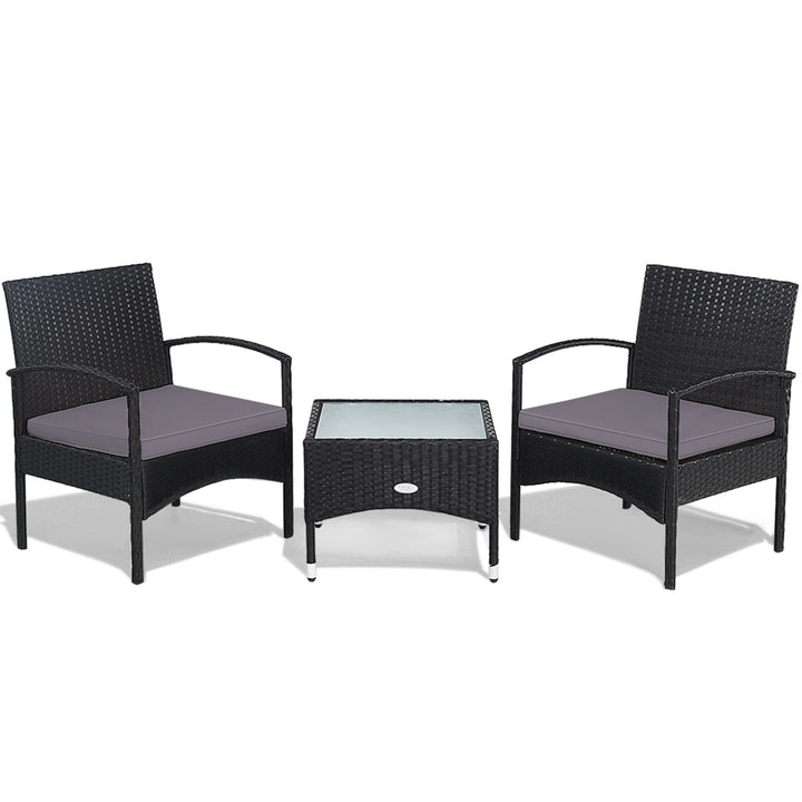 3 PCS Patio Wicker Rattan Furniture Set Coffee Table and 2 Rattan Chair w/ Cushion Grey Image 10