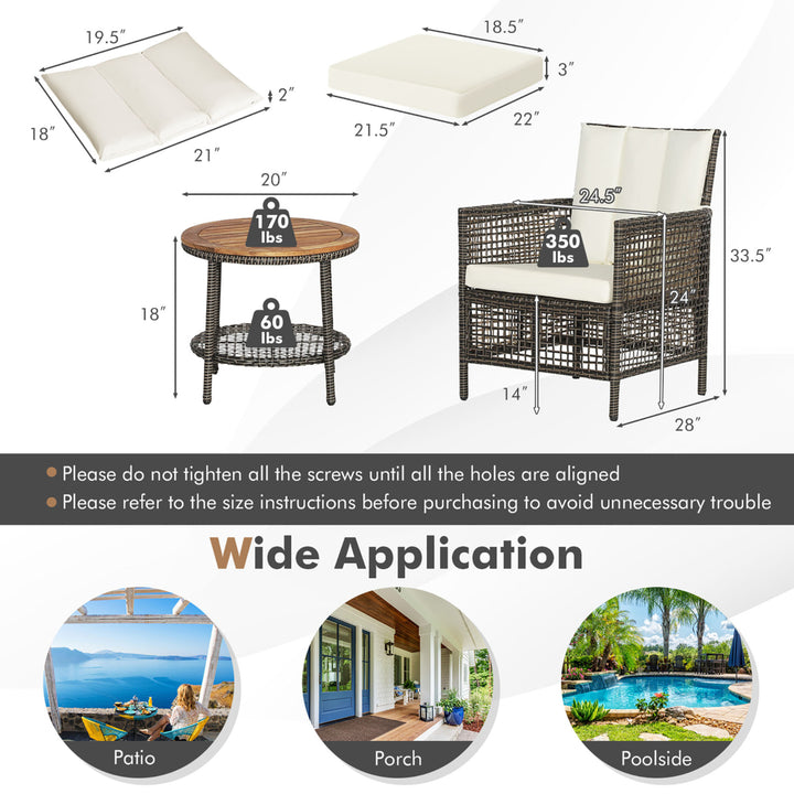 3PCS Patio Wicker Bistro Set Furniture Set PE Rattan Table Set w/ Off White Cushions Image 2