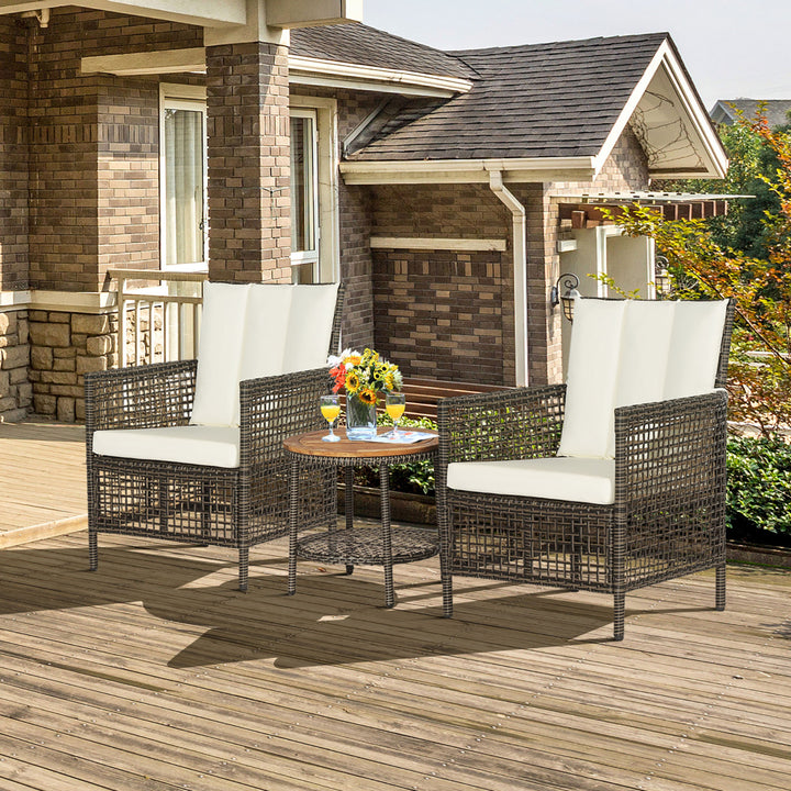 3PCS Patio Wicker Bistro Set Furniture Set PE Rattan Table Set w/ Off White Cushions Image 3