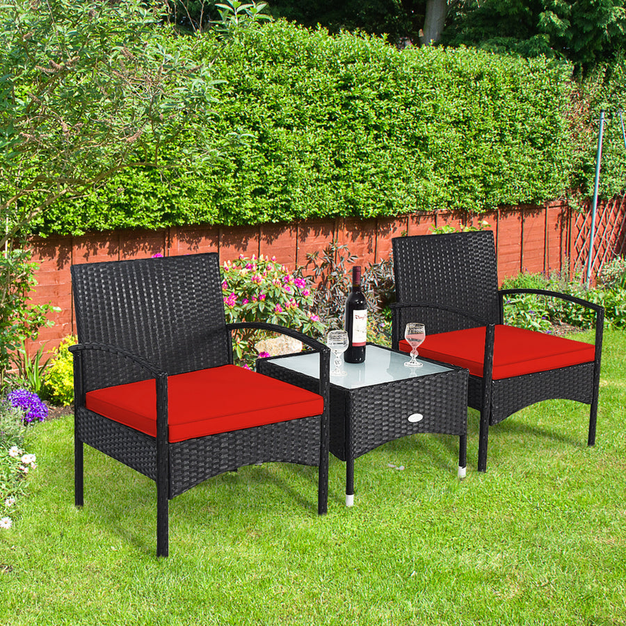 3 PCS Patio Wicker Rattan Furniture Set Coffee Table and 2 Rattan Chair w/ Cushion Red Image 1