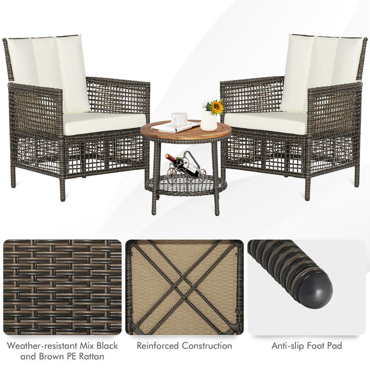 3PCS Patio Wicker Bistro Set Furniture Set PE Rattan Table Set w/ Off White Cushions Image 5