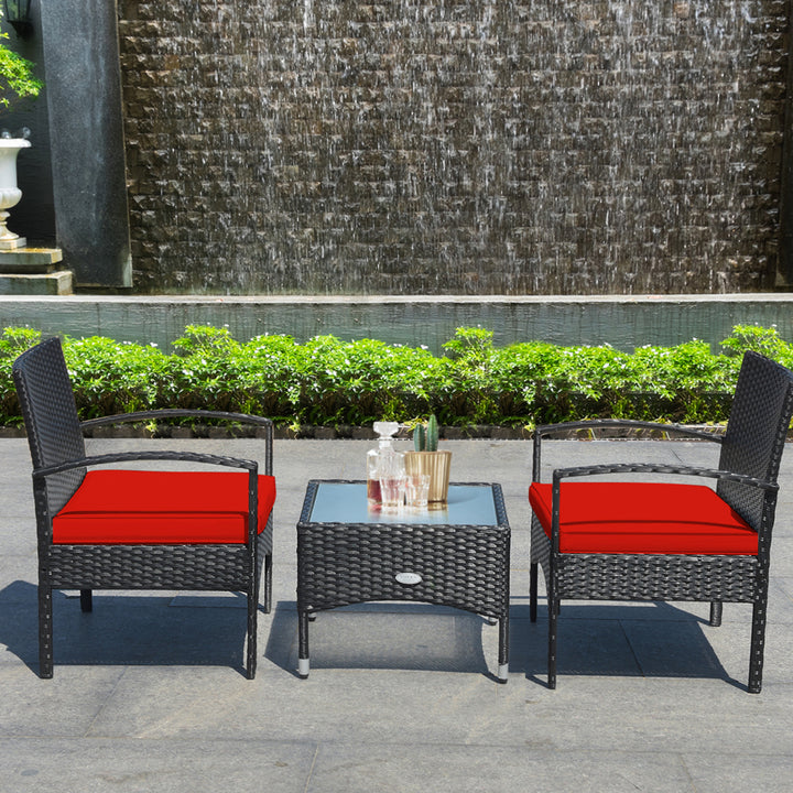 3 PCS Patio Wicker Rattan Furniture Set Coffee Table and 2 Rattan Chair w/ Cushion Red Image 3