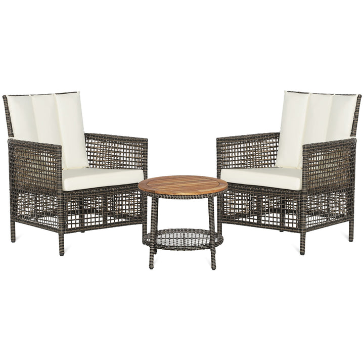 3PCS Patio Wicker Bistro Set Furniture Set PE Rattan Table Set w/ Off White Cushions Image 9