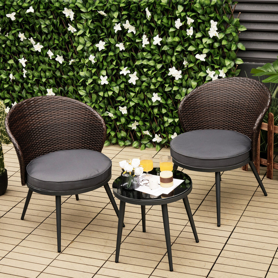 3PCS Rattan Patio Bistro Set Outdoor Conversation Furniture Set w/ Seat Cushions Image 1