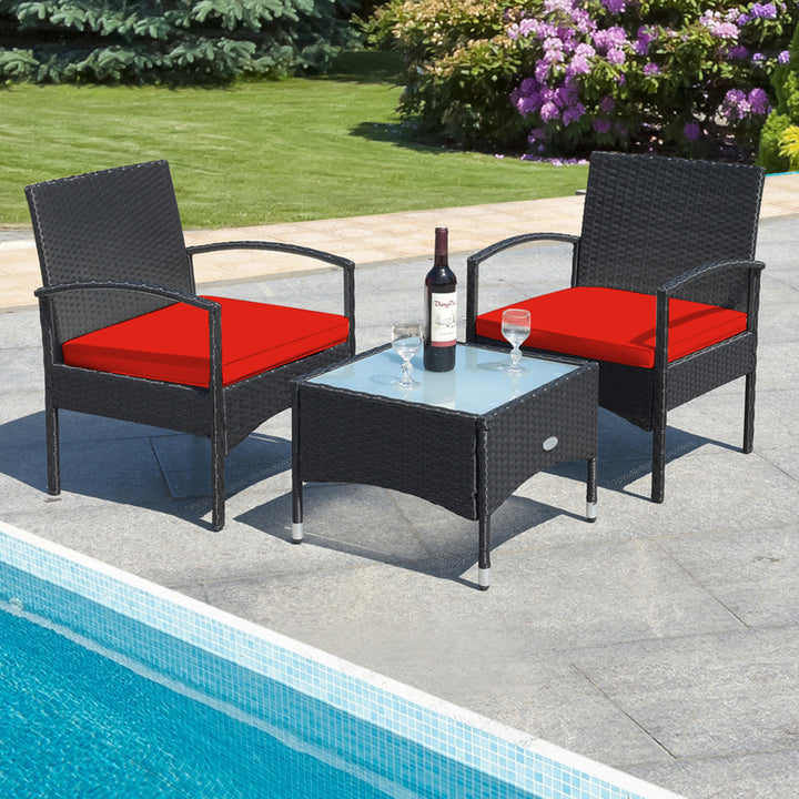 3 PCS Patio Wicker Rattan Furniture Set Coffee Table and 2 Rattan Chair w/ Cushion Red Image 4