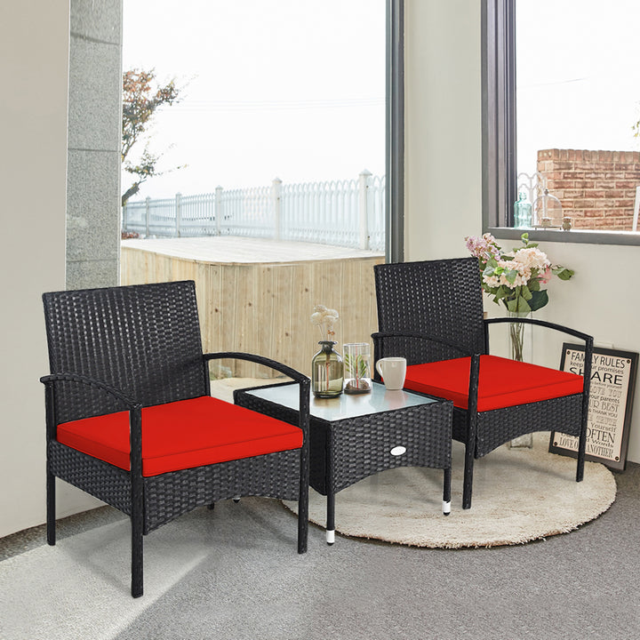 3 PCS Patio Wicker Rattan Furniture Set Coffee Table and 2 Rattan Chair w/ Cushion Red Image 5