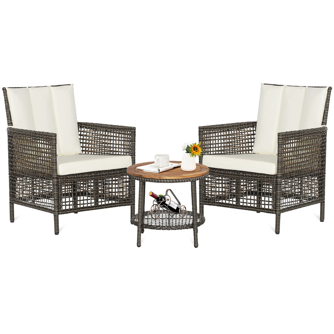 3PCS Patio Wicker Bistro Set Furniture Set PE Rattan Table Set w/ Off White Cushions Image 10