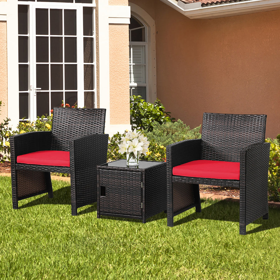 3PCS Patio PE Rattan Conversation Furniture Set Bistro Set w/ Waterproof Cover Red Image 1