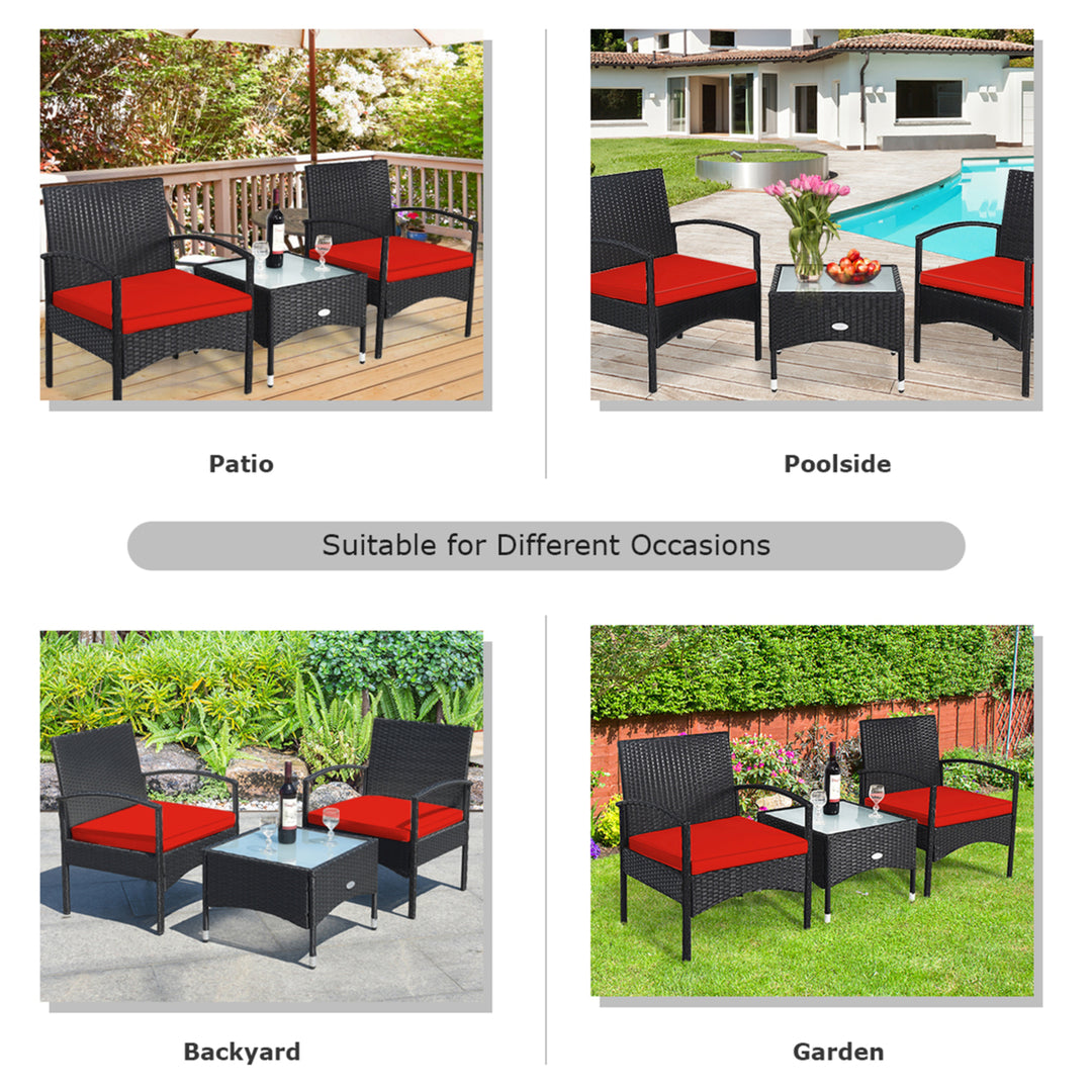 3 PCS Patio Wicker Rattan Furniture Set Coffee Table and 2 Rattan Chair w/ Cushion Red Image 6