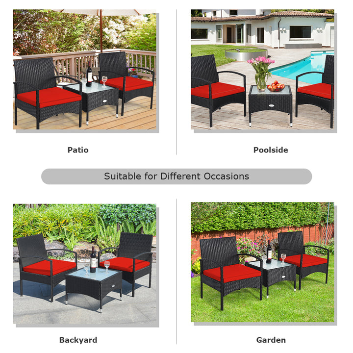 3 PCS Patio Wicker Rattan Furniture Set Coffee Table and 2 Rattan Chair w/ Cushion Red Image 6