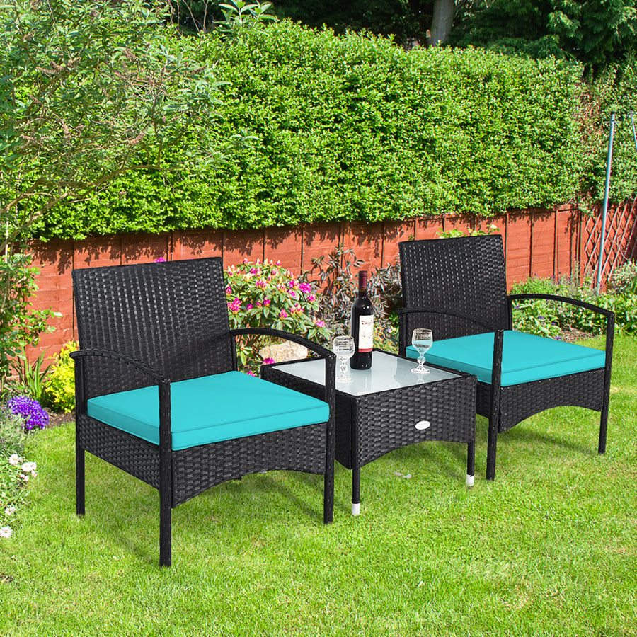 3 PCS Patio Wicker Rattan Furniture Set Coffee Table and 2 Rattan Chair w/ Cushion Turquoise Image 1