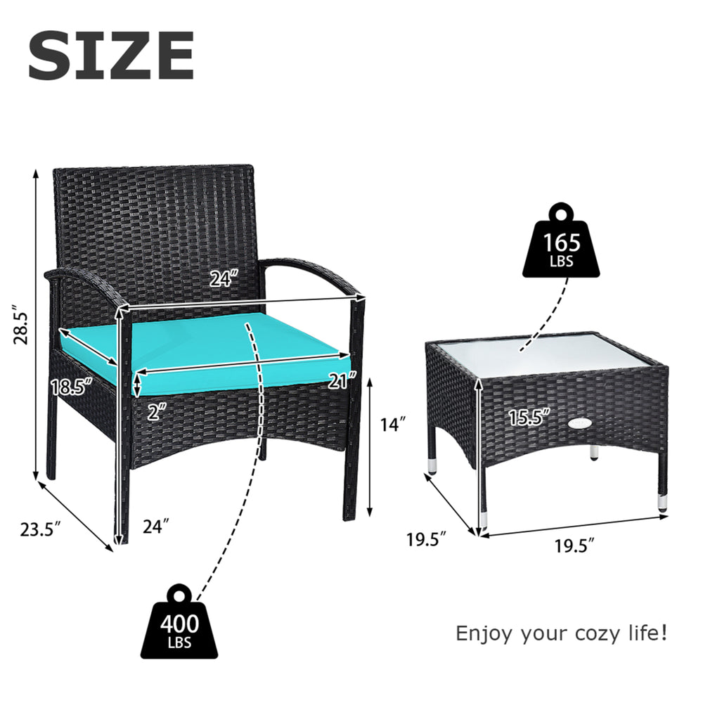 3 PCS Patio Wicker Rattan Furniture Set Coffee Table and 2 Rattan Chair w/ Cushion Turquoise Image 2