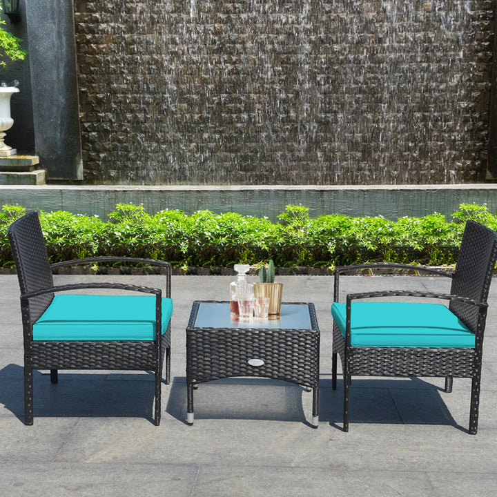 3 PCS Patio Wicker Rattan Furniture Set Coffee Table and 2 Rattan Chair w/ Cushion Turquoise Image 3