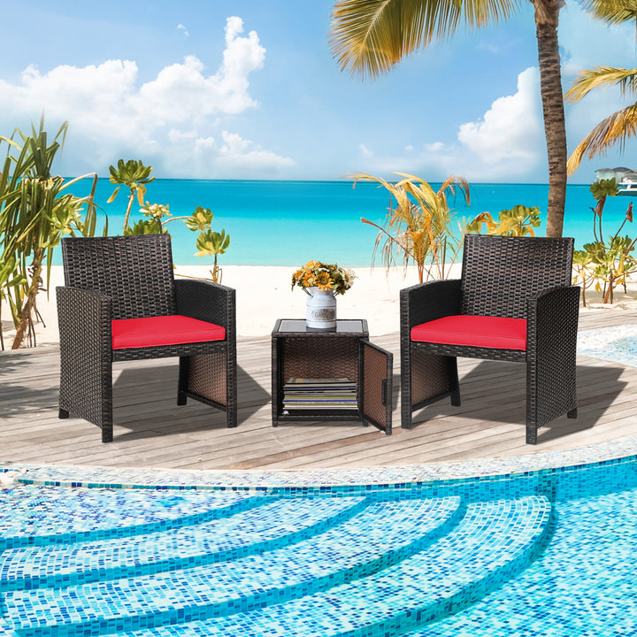 3PCS Patio PE Rattan Conversation Furniture Set Bistro Set w/ Waterproof Cover Red Image 9