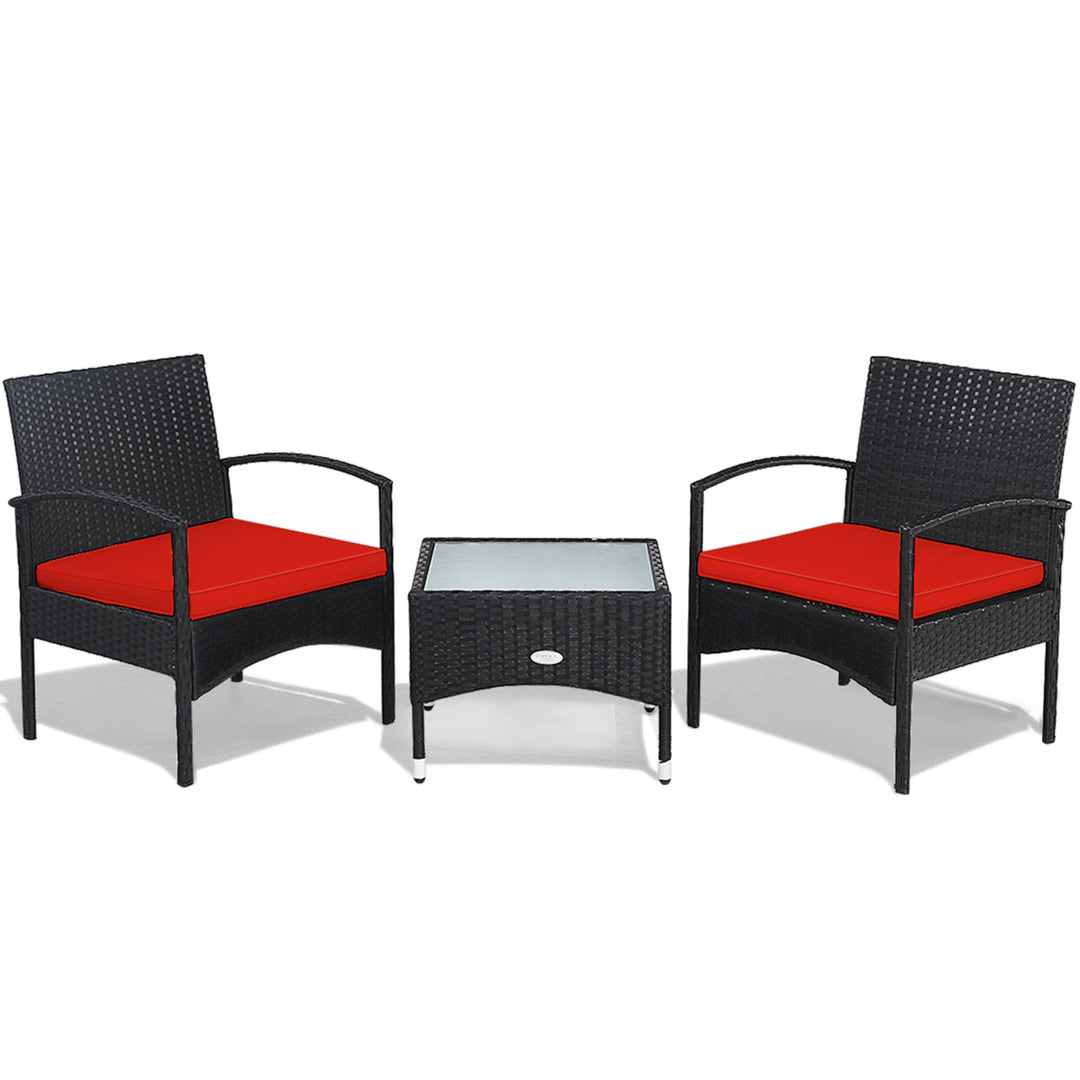 3 PCS Patio Wicker Rattan Furniture Set Coffee Table and 2 Rattan Chair w/ Cushion Red Image 10