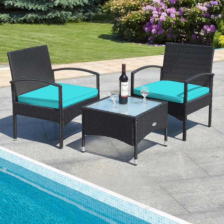 3 PCS Patio Wicker Rattan Furniture Set Coffee Table and 2 Rattan Chair w/ Cushion Turquoise Image 4