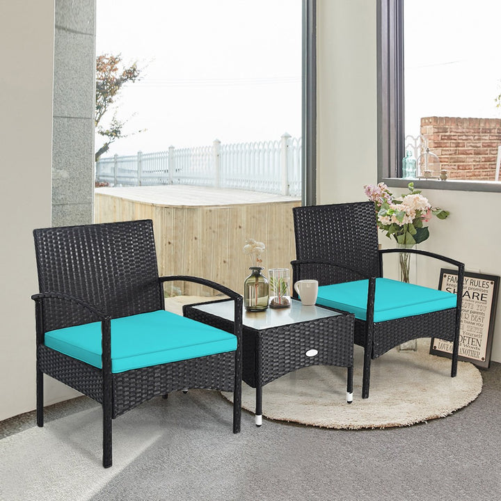 3 PCS Patio Wicker Rattan Furniture Set Coffee Table and 2 Rattan Chair w/ Cushion Turquoise Image 5