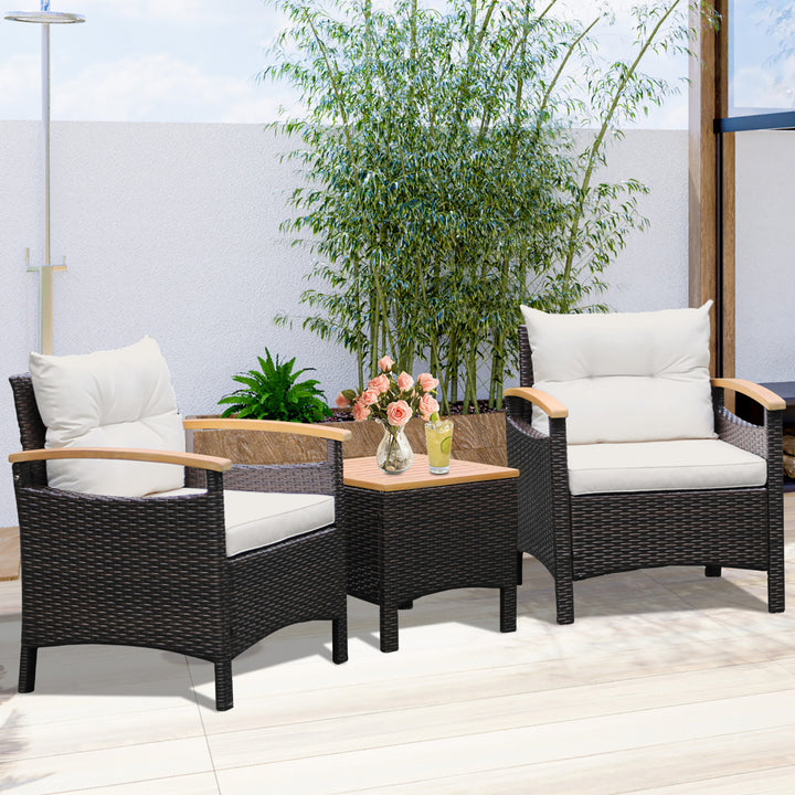 3PCS Patio PE Rattan Conversation Furniture Set Bistro Set Acacia Wood Tabletop Image 4