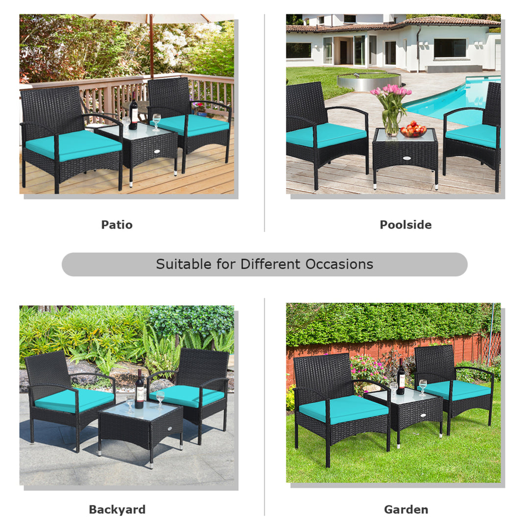 3 PCS Patio Wicker Rattan Furniture Set Coffee Table and 2 Rattan Chair w/ Cushion Turquoise Image 6