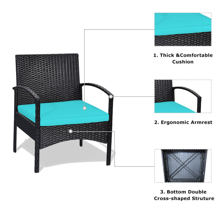 3 PCS Patio Wicker Rattan Furniture Set Coffee Table and 2 Rattan Chair w/ Cushion Turquoise Image 8