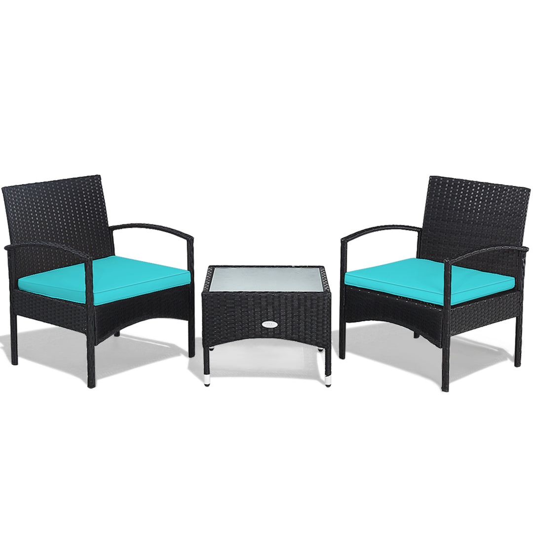 3 PCS Patio Wicker Rattan Furniture Set Coffee Table and 2 Rattan Chair w/ Cushion Turquoise Image 10