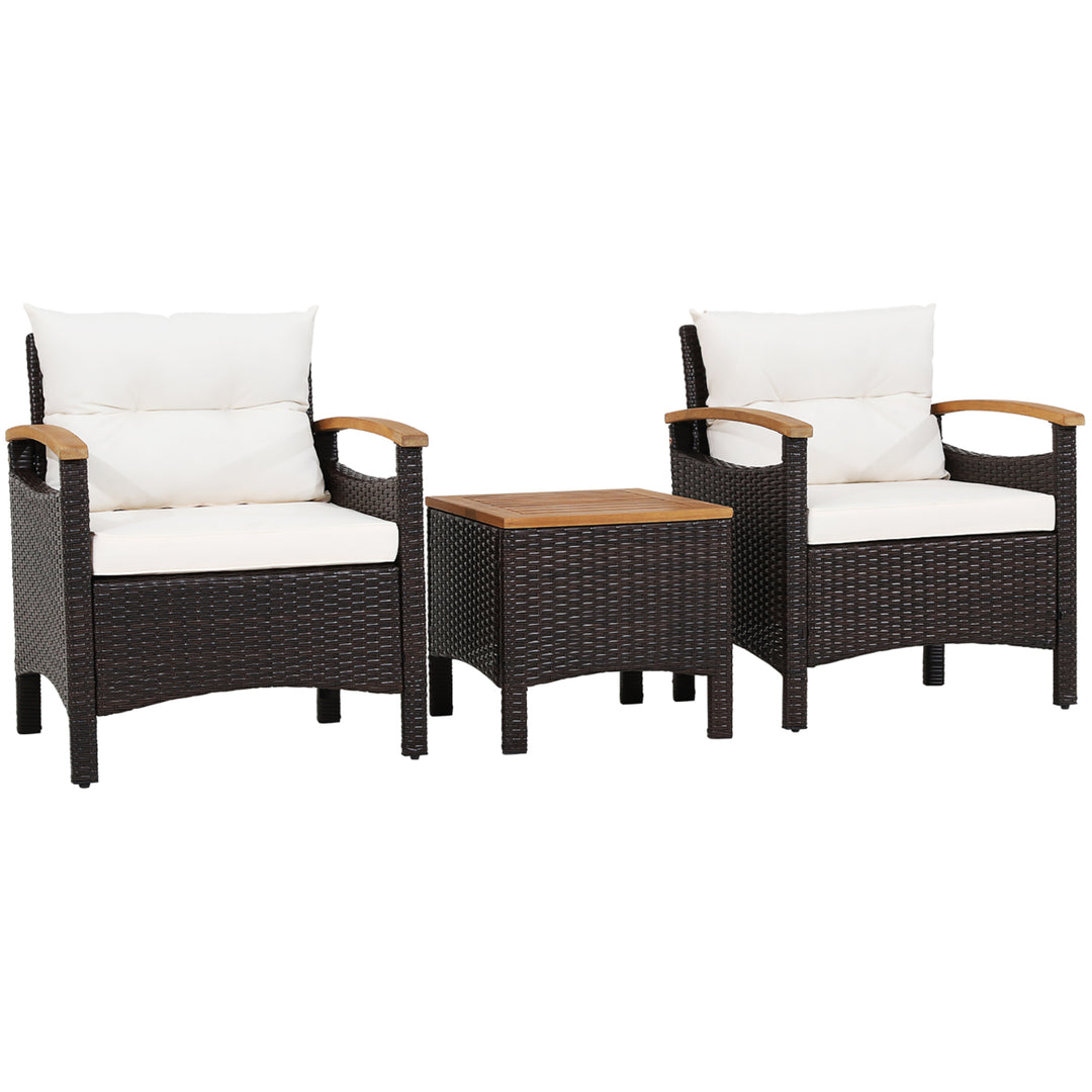 3PCS Patio PE Rattan Conversation Furniture Set Bistro Set Acacia Wood Tabletop Image 8