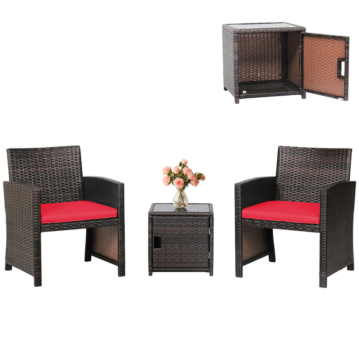 3PCS Patio PE Rattan Conversation Furniture Set Bistro Set w/ Waterproof Cover Red Image 2