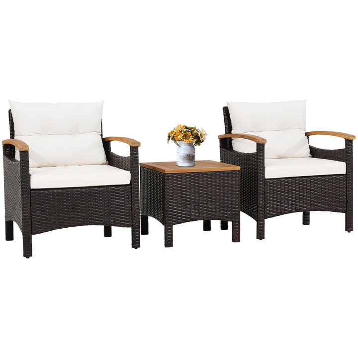 3PCS Patio PE Rattan Conversation Furniture Set Bistro Set Acacia Wood Tabletop Image 2