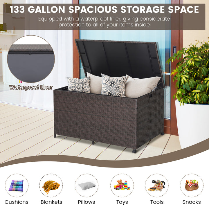 133 Gallon Outdoor PE Wicker Storage Box Mix Brown Rattan Deck w/ Waterproof Liner Image 4