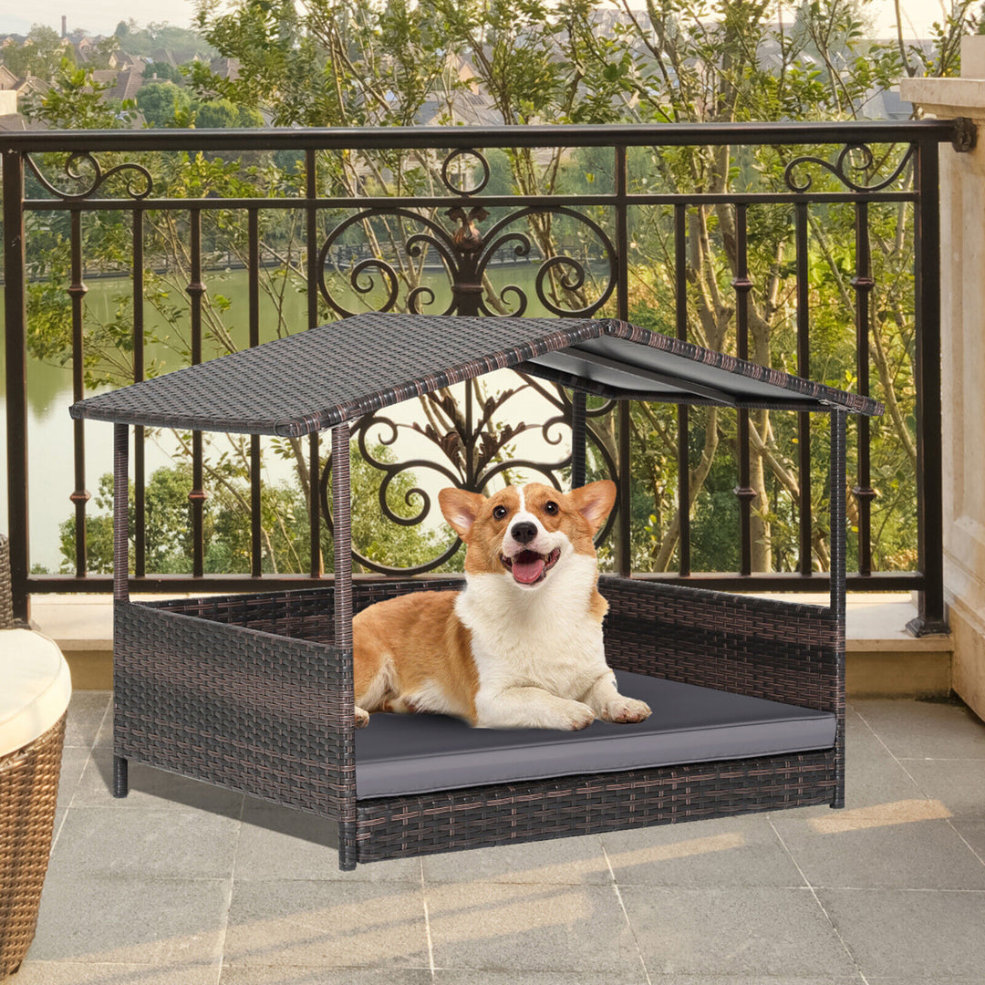 Wicker Dog House w/ Cushion Lounge Raised Rattan Bed for Indoor/Outdoor Grey Image 3