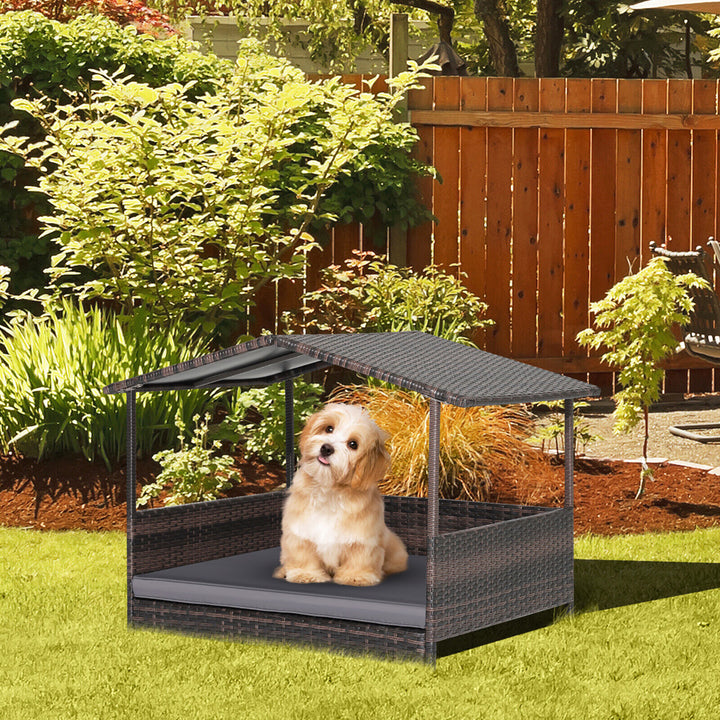 Wicker Dog House w/ Cushion Lounge Raised Rattan Bed for Indoor/Outdoor Grey Image 4